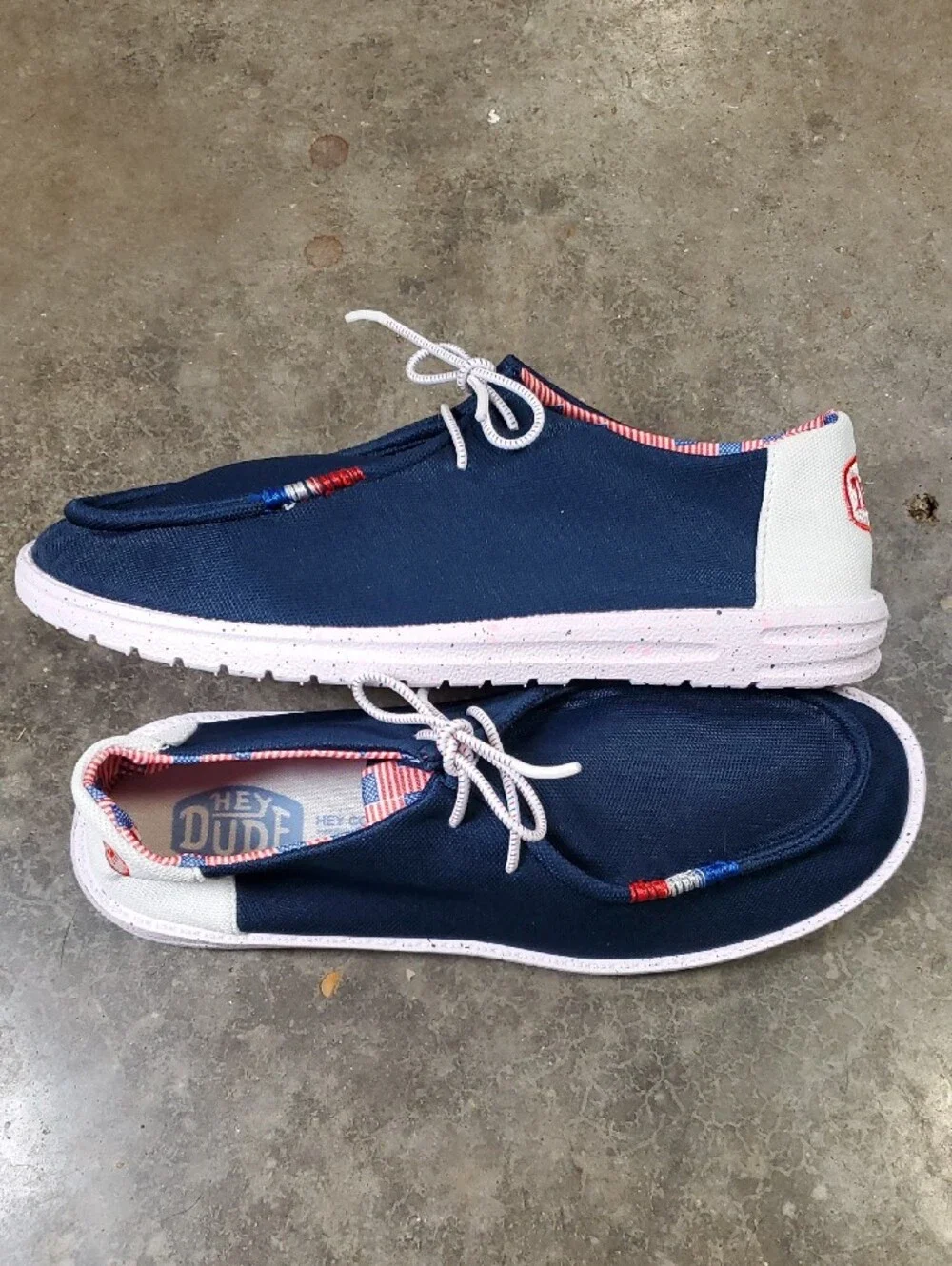 Hey Dude Men’s Wally Hey Comf Patriotic Flag Red White & Blue Boat Shoes Size 41